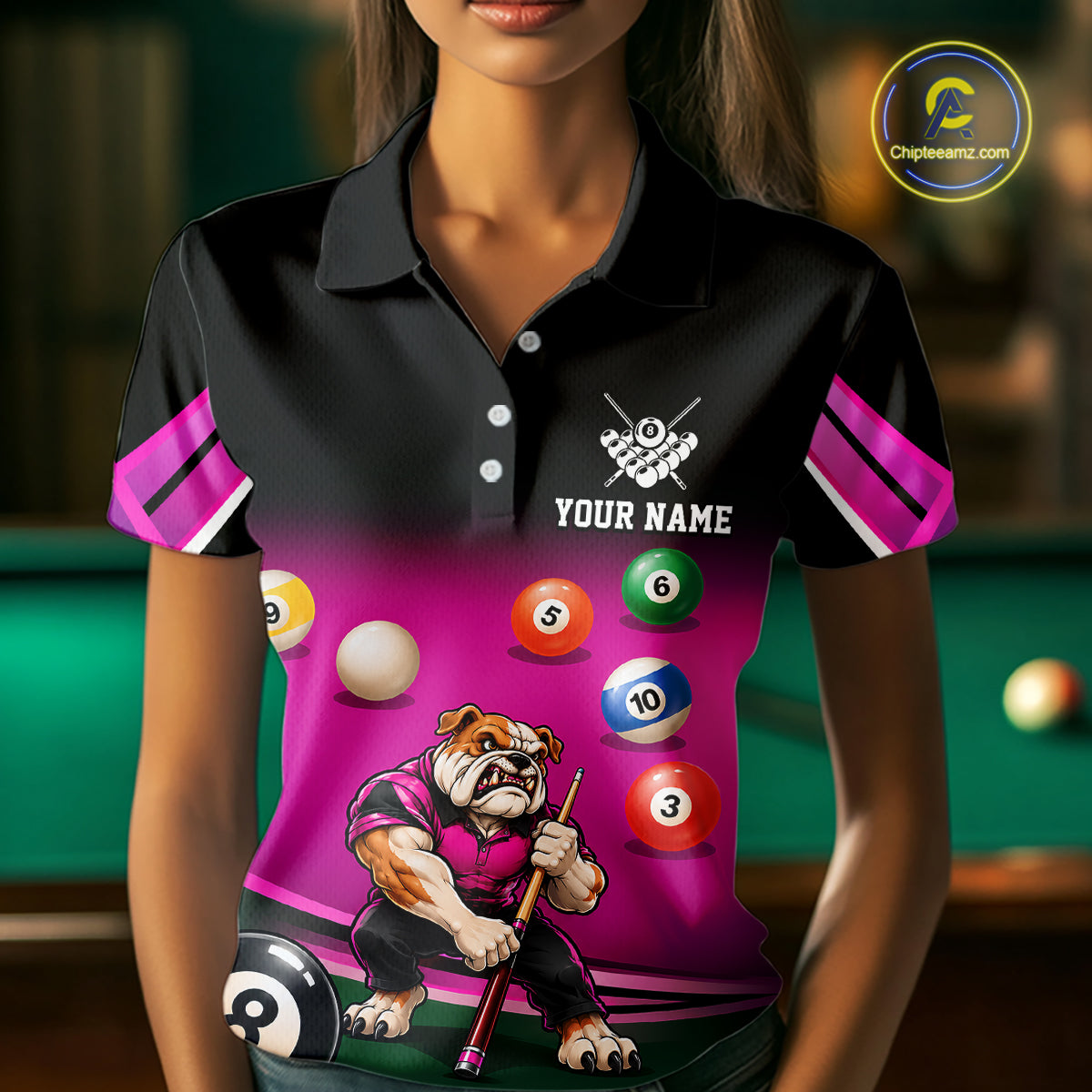 Pink Funny Bulldog Billiard Shirts For Women Custom 8 Ball Pool Team Jersey Polo & Quarter Zip TDM7903