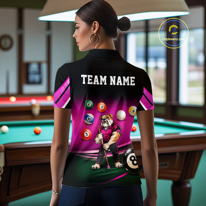 Pink Funny Bulldog Billiard Shirts For Women Custom 8 Ball Pool Team Jersey Polo & Quarter Zip TDM7903