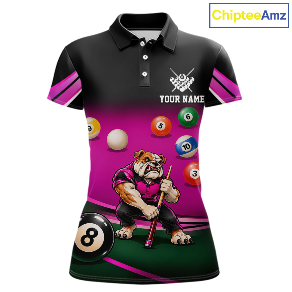 Pink Funny Bulldog Billiard Shirts For Women Custom 8 Ball Pool Team Jersey Polo & Quarter Zip TDM7903