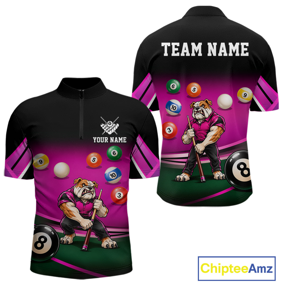 Pink Funny Bulldog Billiard Shirts For Men Custom 8 Ball Pool Team Jersey Polo & Quarter Zip TDM7903