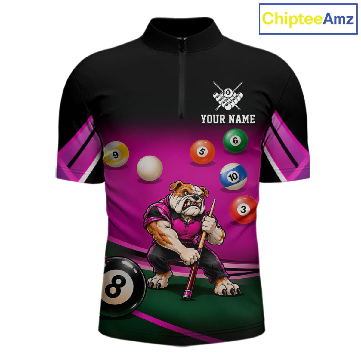 Pink Funny Bulldog Billiard Shirts For Men Custom 8 Ball Pool Team Jersey Polo & Quarter Zip TDM7903