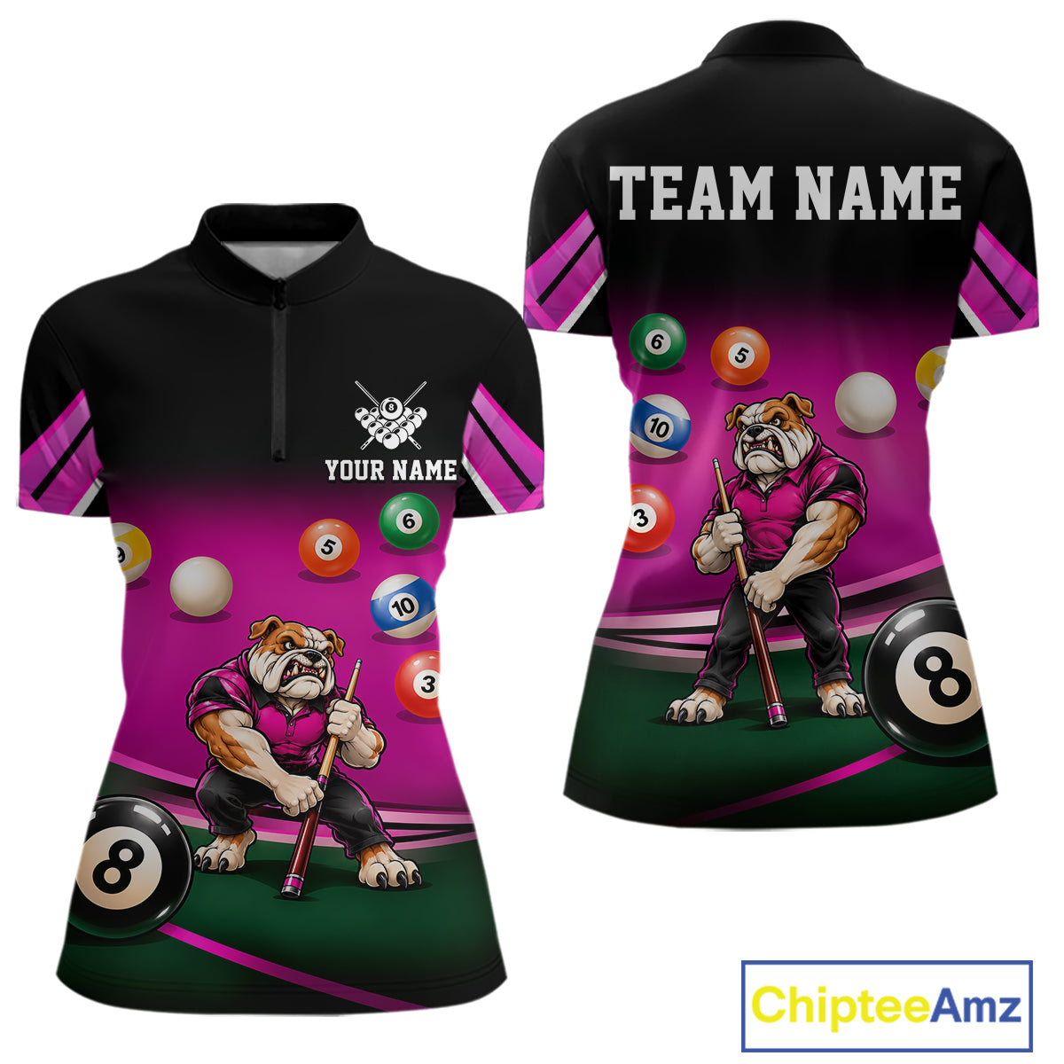 Pink Funny Bulldog Billiard Shirts For Women Custom 8 Ball Pool Team Jersey Polo & Quarter Zip TDM7903
