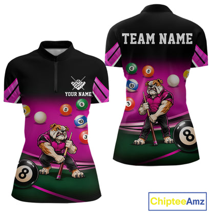 Pink Funny Bulldog Billiard Shirts For Women Custom 8 Ball Pool Team Jersey Polo & Quarter Zip TDM7903