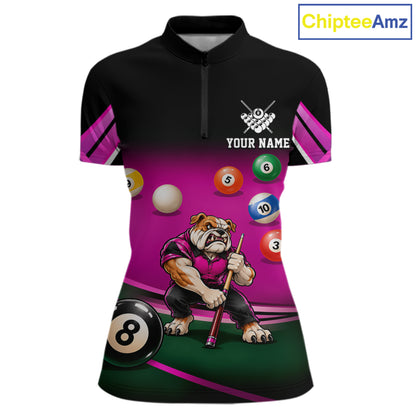 Pink Funny Bulldog Billiard Shirts For Women Custom 8 Ball Pool Team Jersey Polo & Quarter Zip TDM7903