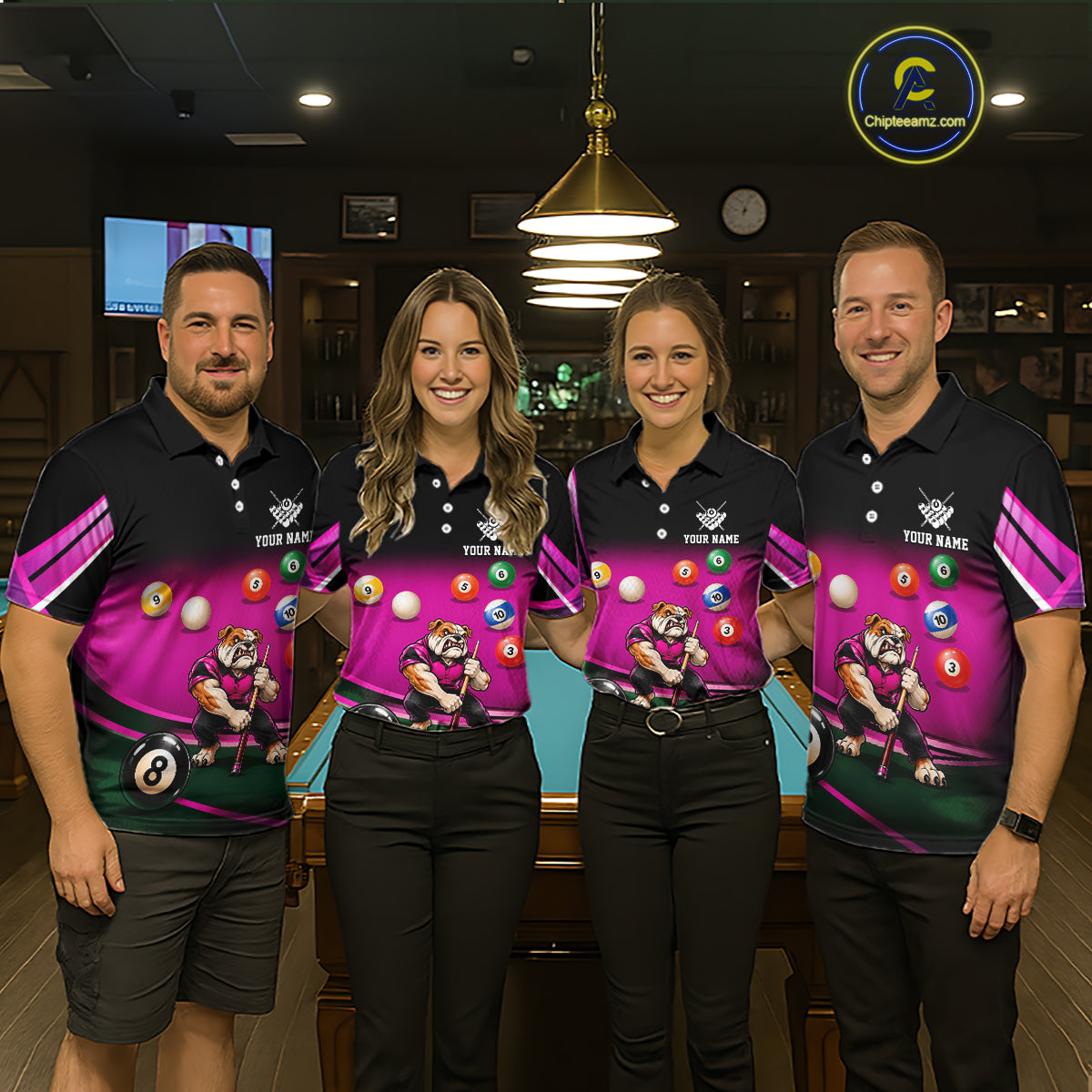 Pink Funny Bulldog Billiard Shirts For Men Custom 8 Ball Pool Team Jersey Polo & Quarter Zip TDM7903