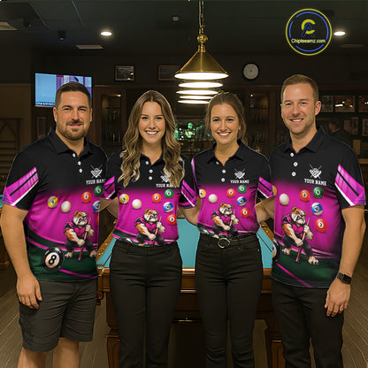 Pink Funny Bulldog Billiard Shirts For Men Custom 8 Ball Pool Team Jersey Polo & Quarter Zip TDM7903