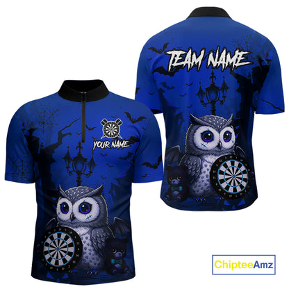 Personalized Blue Funny Owl Halloween Darts Shirt For Men Custom Pumpkin Darts Team Jersey TDM7265