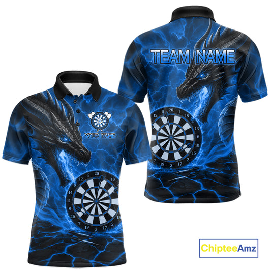 Personalized Dragon Darts Shirts Custom Fire Flame Blue Darts Team Jersey Polo & 1/4 Zip For Men TDM7553