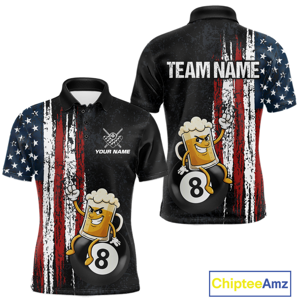 Funny Beer American Flag 8 Ball Billiard Shirt For Men Custom Pool Team Jersey Polo & 1/4 Zip TDM5947