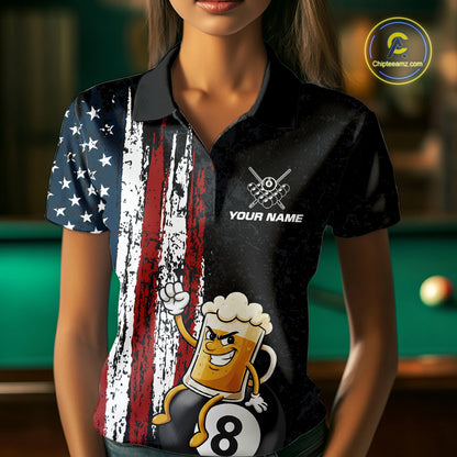 Funny Beer American Flag 8 Ball Billiard Shirt For Women Custom Pool Team Jersey Polo & 1/4 Zip TDM5947