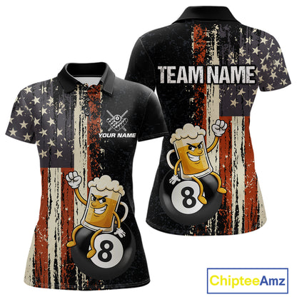 Vintage US Flag Funny Beer 8 Ball Billiard Shirt For Women Custom Pool Team Jersey Polo & 1/4 Zip TDM5948