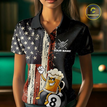 Vintage US Flag Funny Beer 8 Ball Billiard Shirt For Women Custom Pool Team Jersey Polo & 1/4 Zip TDM5948