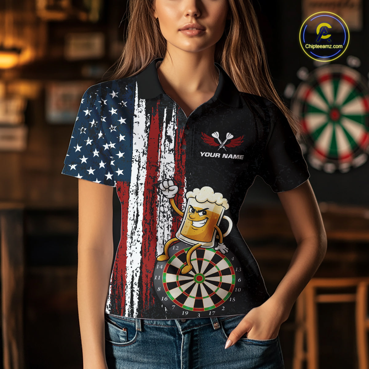 Funny Beer American Flag Darts Shirt For Women Custom Patriotic Darts Jersey Team Polo & 1/4 Zip TDM5949