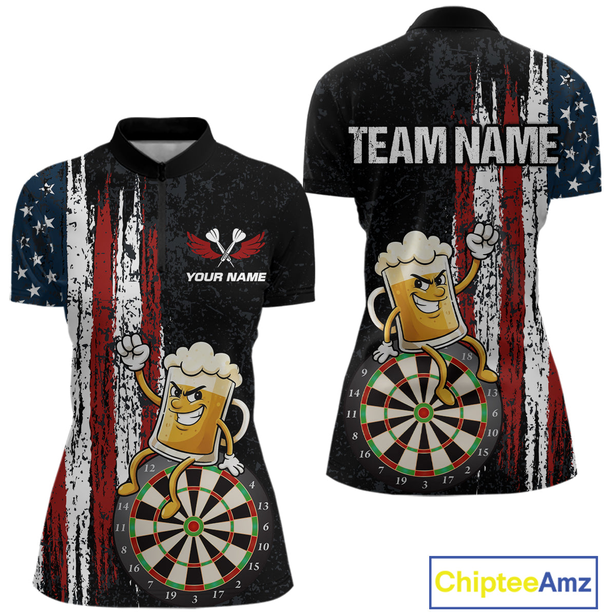Funny Beer American Flag Darts Shirt For Women Custom Patriotic Darts Jersey Team Polo & 1/4 Zip TDM5949