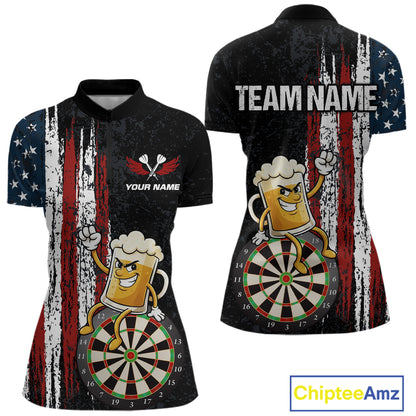 Funny Beer American Flag Darts Shirt For Women Custom Patriotic Darts Jersey Team Polo & 1/4 Zip TDM5949
