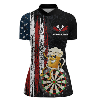 Funny Beer American Flag Darts Shirt For Women Custom Patriotic Darts Jersey Team Polo & 1/4 Zip TDM5949
