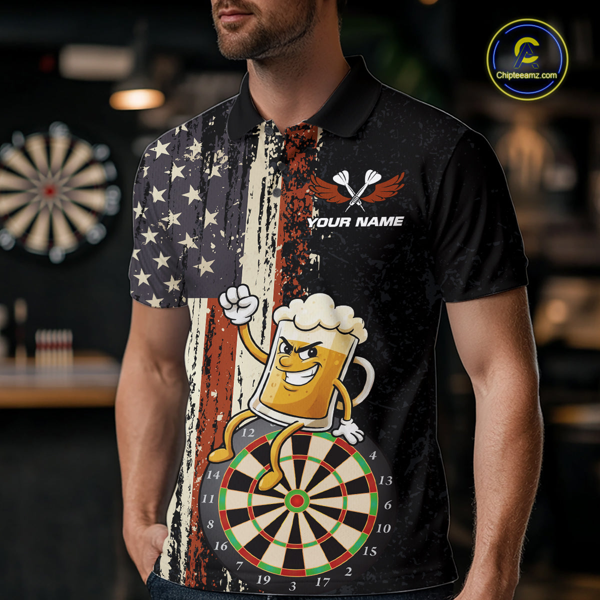 Vintage American Flag Funny Beer Darts Shirt For Men Custom Darts Jersey Team Polo & 1/4 Zip TDM5950