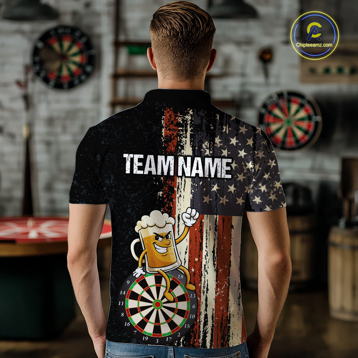 Vintage American Flag Funny Beer Darts Shirt For Men Custom Darts Jersey Team Polo & 1/4 Zip TDM5950