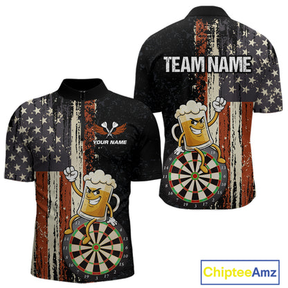 Vintage American Flag Funny Beer Darts Shirt For Men Custom Darts Jersey Team Polo & 1/4 Zip TDM5950
