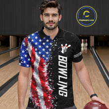 Load image into Gallery viewer, Man wearing an American flag bowling polo shirt at a bowling alley front view.