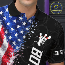 Load image into Gallery viewer, Close-up of an American flag bowling polo shirt collar, buttons, and patriotic artwork details.