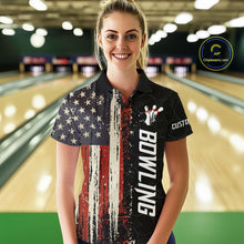Load image into Gallery viewer, Woman wearing a vintage American flag bowling quarter zip jersey during league competition front view.