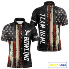 Load image into Gallery viewer, Vintage American flag bowling polo shirt for men with patriotic bowling team graphics.
