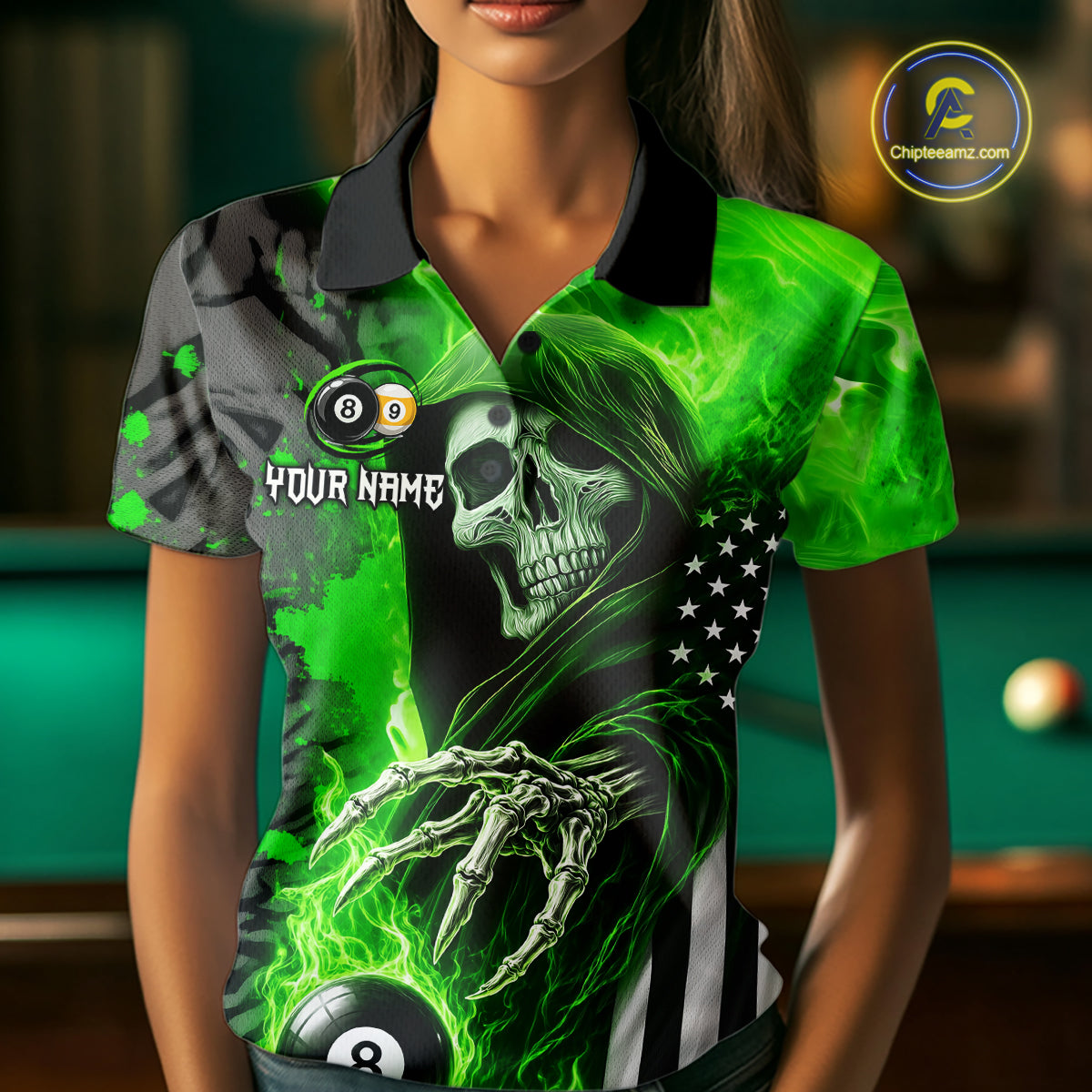 Woman Wearing Personalized Green Flame Grim Reaper US Flag 8 Ball 9 Ball Billiard Polo Shirt with Premium Athletic Fit, Front View