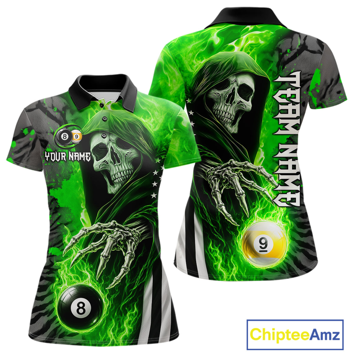 Personalized Green Flame Grim Reaper US Flag 8 Ball 9 Ball Billiard Polo Shirt Featuring a Patriotic Custom Design for Women's Pool League Players