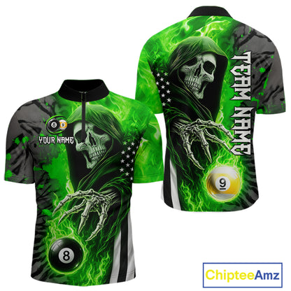 Personalized Green Flame Grim Reaper US Flag 8 Ball 9 Ball Quarter Zip Shirt for Billiard Team Jersey