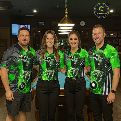 Front View of a Pool Team Wearing Personalized Green Flame Grim Reaper US Flag 8 Ball 9 Ball Jerseys