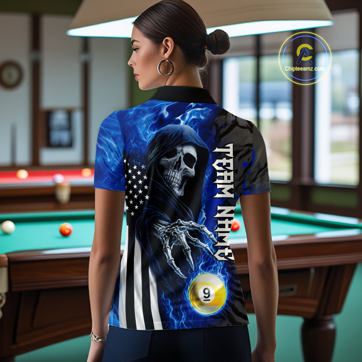 Woman Wearing Personalized Blue Flame Grim Reaper US Flag 8 Ball 9 Ball Custom Pool Team Jersey Featuring the Complete Rear Graphic Design, Back View