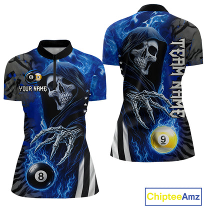 Personalized Blue Flame Grim Reaper US Flag 8 Ball 9 Ball Quarter Zip Billiard Shirt for Women's Pool League Teams with Custom Athletic Style