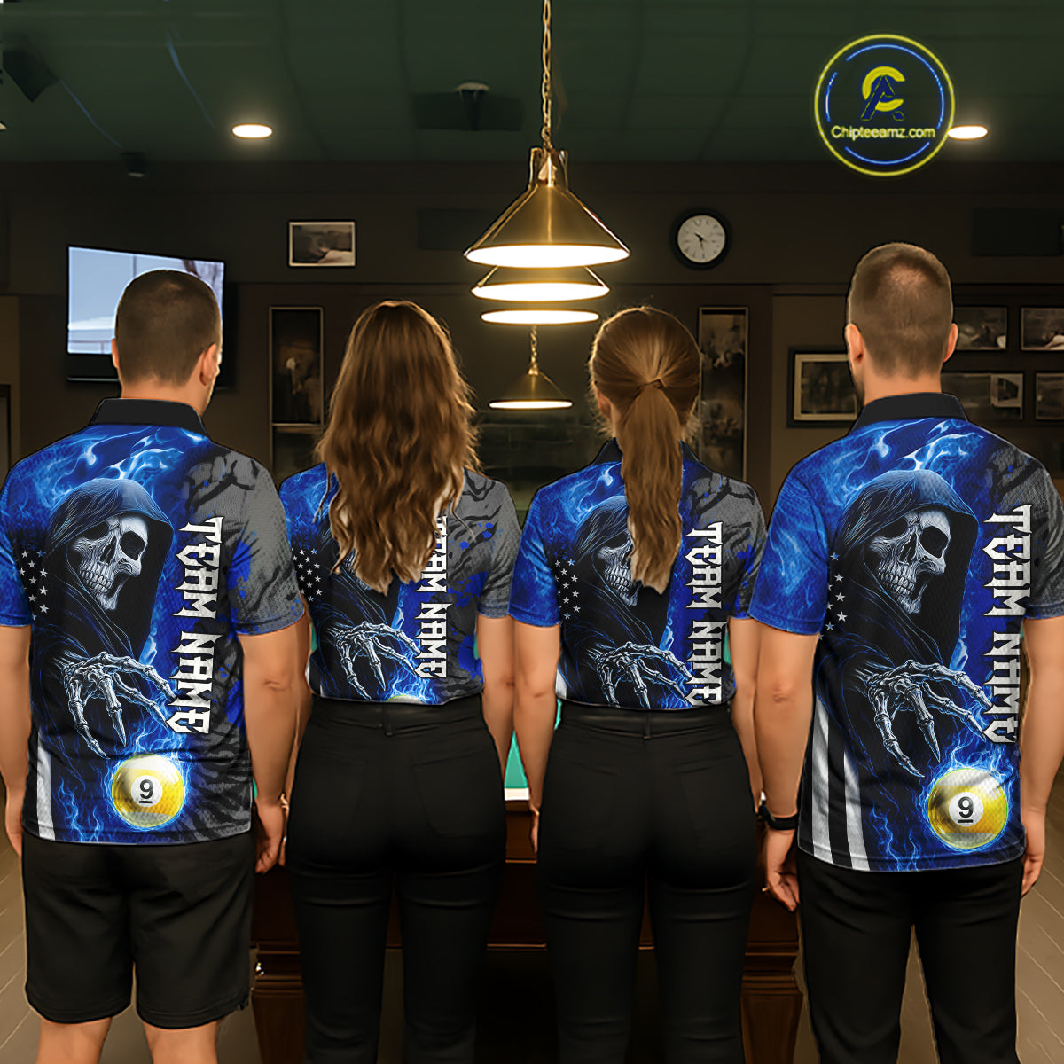 Pool Team Wearing Personalized Blue Flame Grim Reaper US Flag 8 Ball 9 Ball Billiard Jerseys, Front View