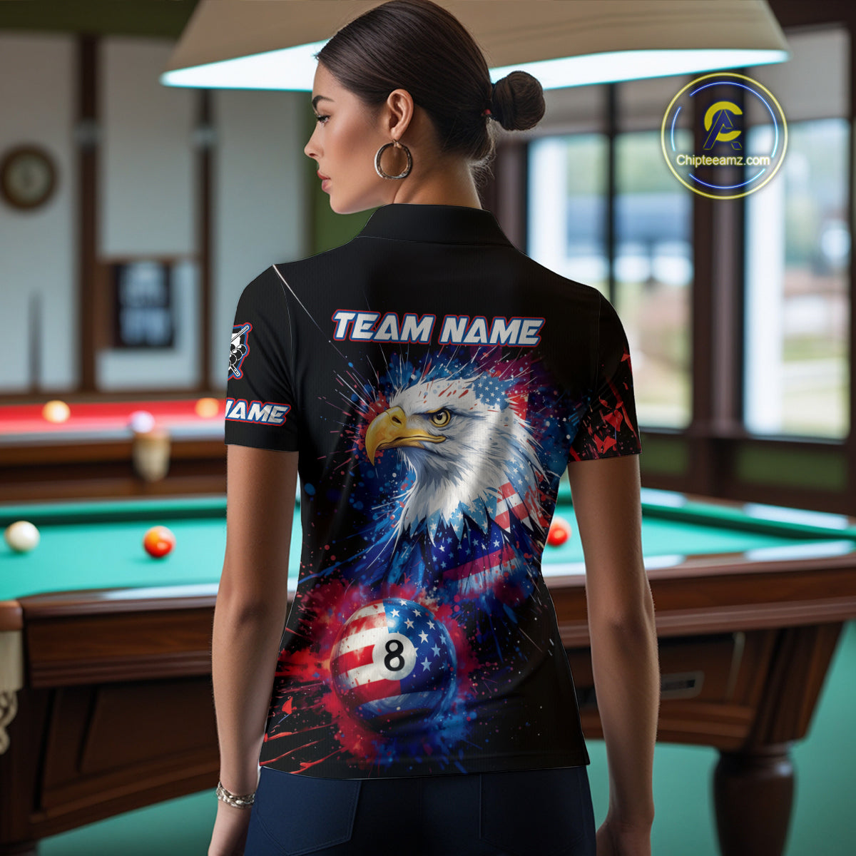 Patriotic Eagle 8 Ball Billiard Polo & 1/4 Zip For Women Custom Paint Splash Us Flag Billiard Jersey TDM5235