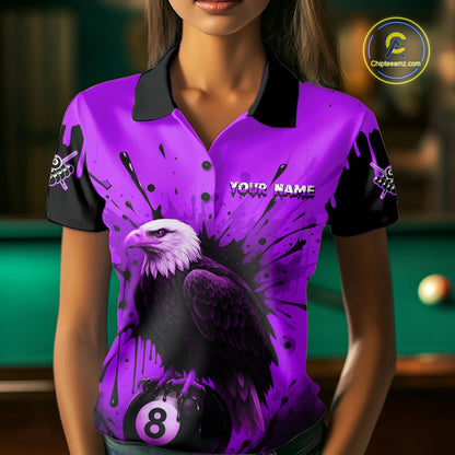 Purple 8 Ball Pool Eagle Paint Splash Billiard Shirt For Women Custom Billiard Jersey Polo & 1/4 Zip TDM5493