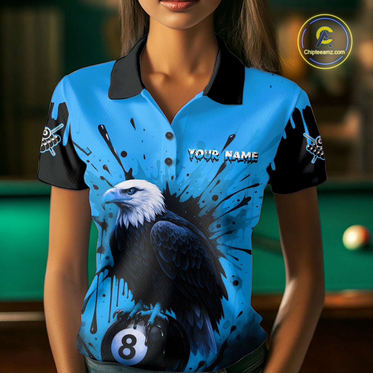 Blue 8 Ball Pool Eagle Paint Splash Billiard Shirt For Women Custom Billiard Jersey Polo & 1/4 Zip TDM5494