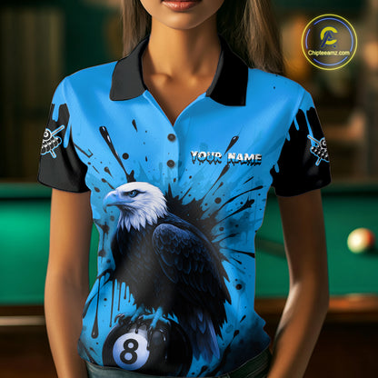 Blue 8 Ball Pool Eagle Paint Splash Billiard Shirt For Women Custom Billiard Jersey Polo & 1/4 Zip TDM5494