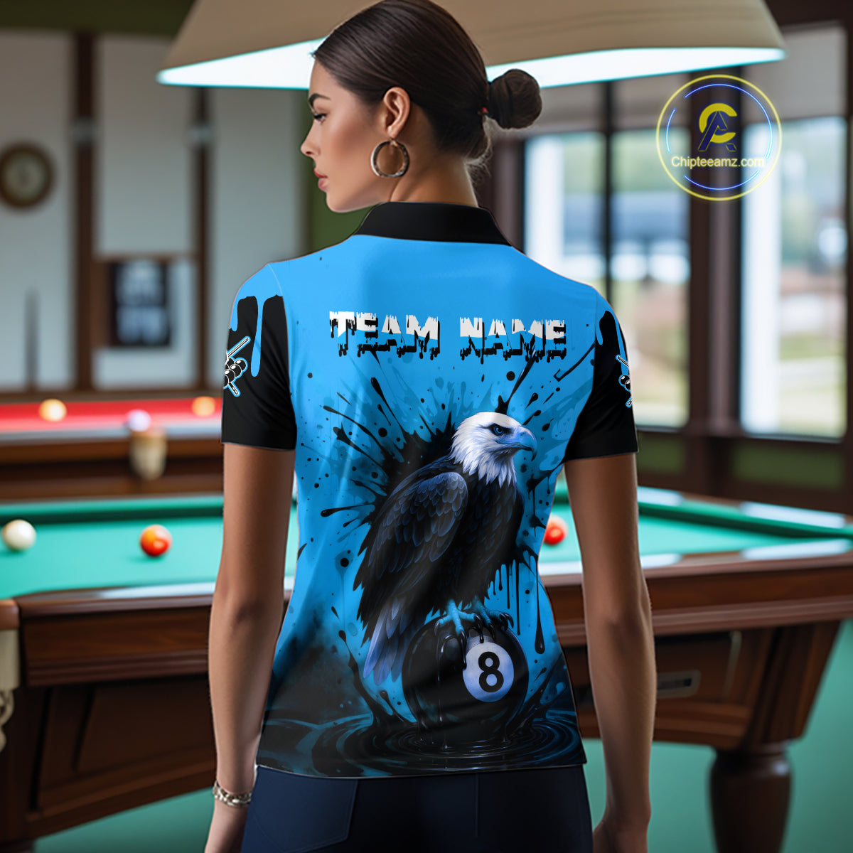 Blue 8 Ball Pool Eagle Paint Splash Billiard Shirt For Women Custom Billiard Jersey Polo & 1/4 Zip TDM5494