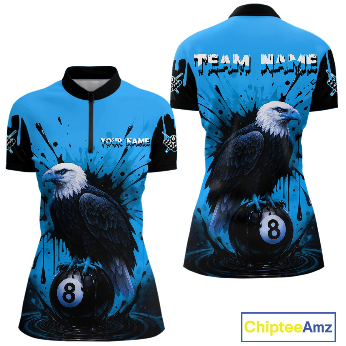 Blue 8 Ball Pool Eagle Paint Splash Billiard Shirt For Women Custom Billiard Jersey Polo & 1/4 Zip TDM5494