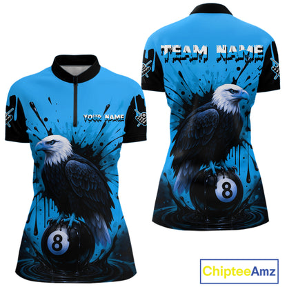 Blue 8 Ball Pool Eagle Paint Splash Billiard Shirt For Women Custom Billiard Jersey Polo & 1/4 Zip TDM5494
