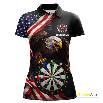 Personalized Eagle American Flag Darts Shirt For Women, Patriotic Darts Team Jersey Polo & 1/4 Zip TDM6114