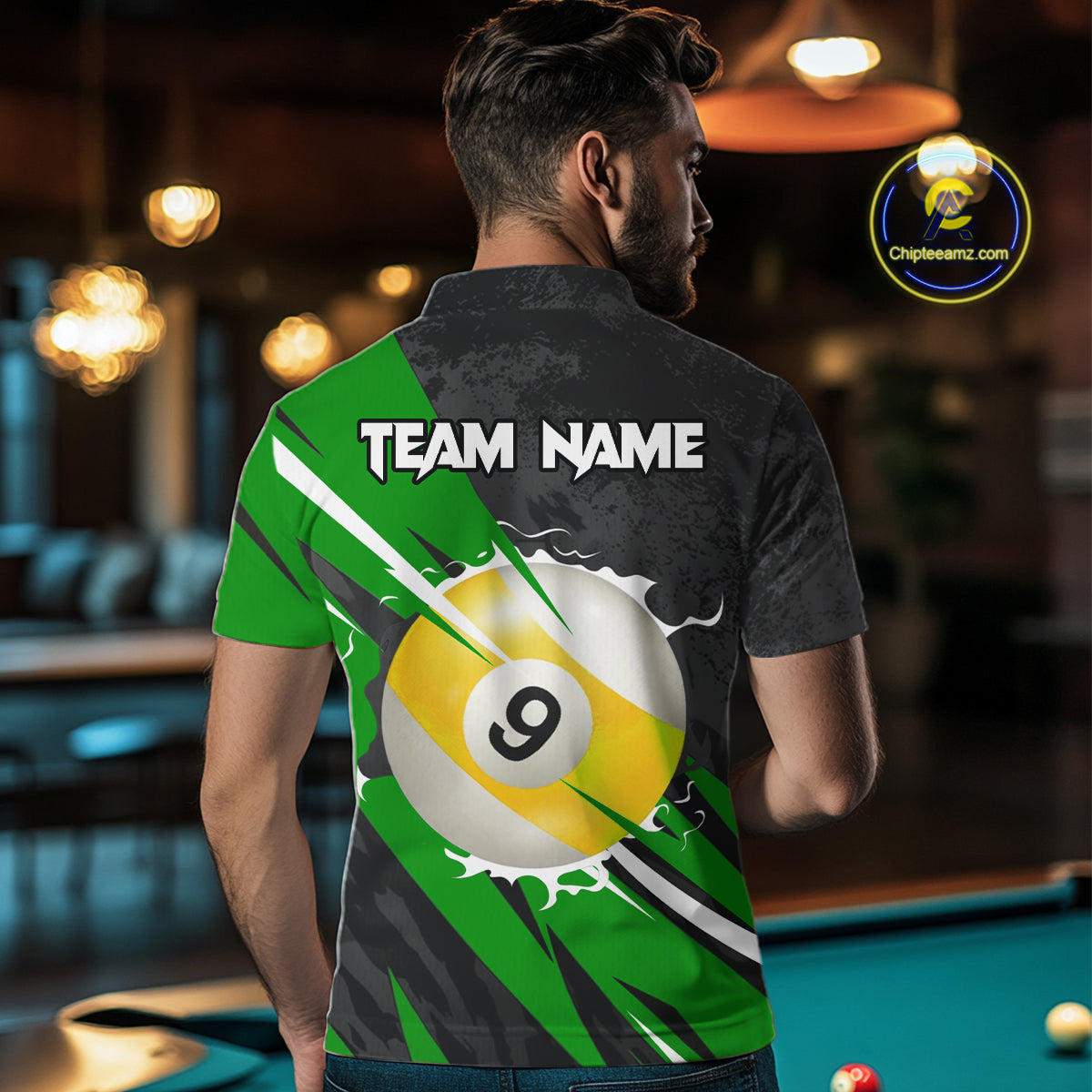 Black And Green 8 Ball & 9 Ball Billiard Shirt For Men Custom Pool Team Jersey Polo & 1/4 Zip TDM6363