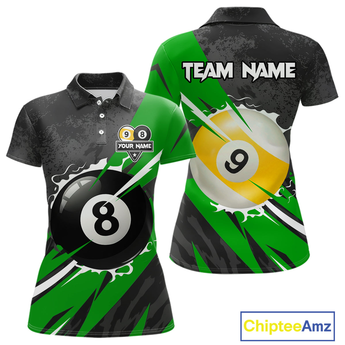 Black And Green 8 Ball & 9 Ball Billiard Shirt For Women Custom Pool Team Jersey Polo & 1/4 Zip TDM6363