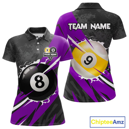 Black And Purple 8 Ball & 9 Ball Billiard Shirt For Women Custom Pool Team Jersey Polo & 1/4 Zip TDM6364