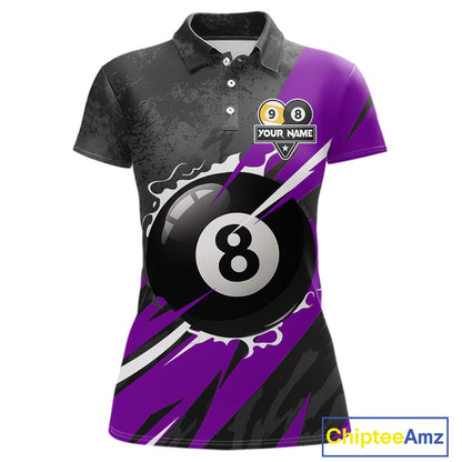 Black And Purple 8 Ball & 9 Ball Billiard Shirt For Women Custom Pool Team Jersey Polo & 1/4 Zip TDM6364