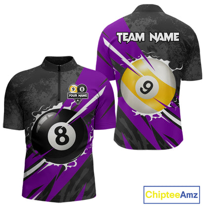 Black And Purple 8 Ball & 9 Ball Billiard Shirt For Men Custom Pool Team Jersey Polo & 1/4 Zip TDM6364
