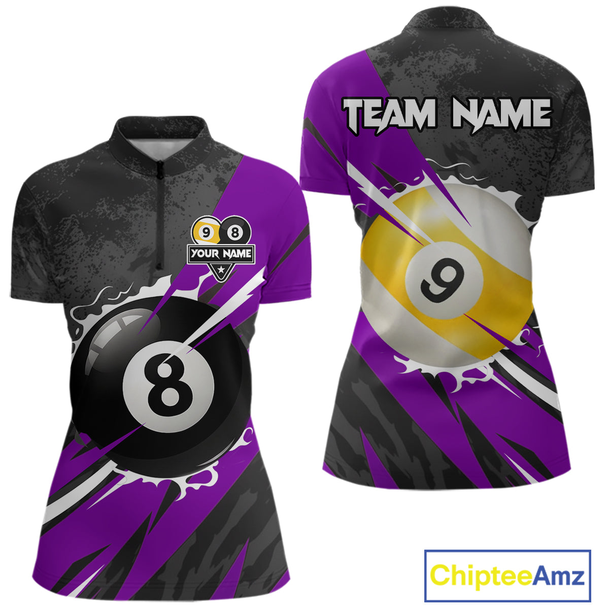 Black And Purple 8 Ball & 9 Ball Billiard Shirt For Women Custom Pool Team Jersey Polo & 1/4 Zip TDM6364