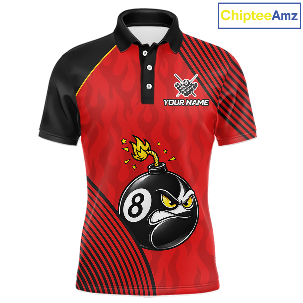 Personalized Red Funny 8 Ball Bomb Billiard Polo Shirt Featuring a Fun Custom Design for Pool League Players, Team Competition, and Billiard Gifts