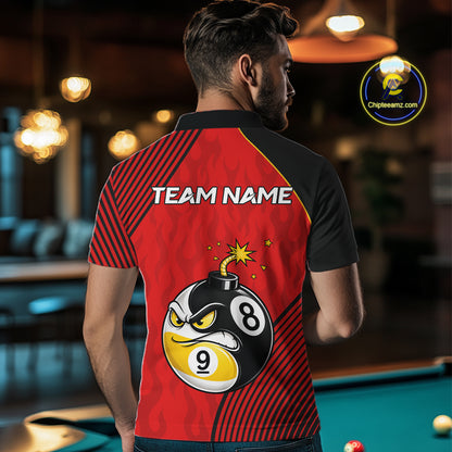 Man Wearing Personalized Red Funny 8 Ball 9 Ball Pool Bomb Custom Billiard Team Jersey Featuring the Complete Rear Graphic Design, Back View